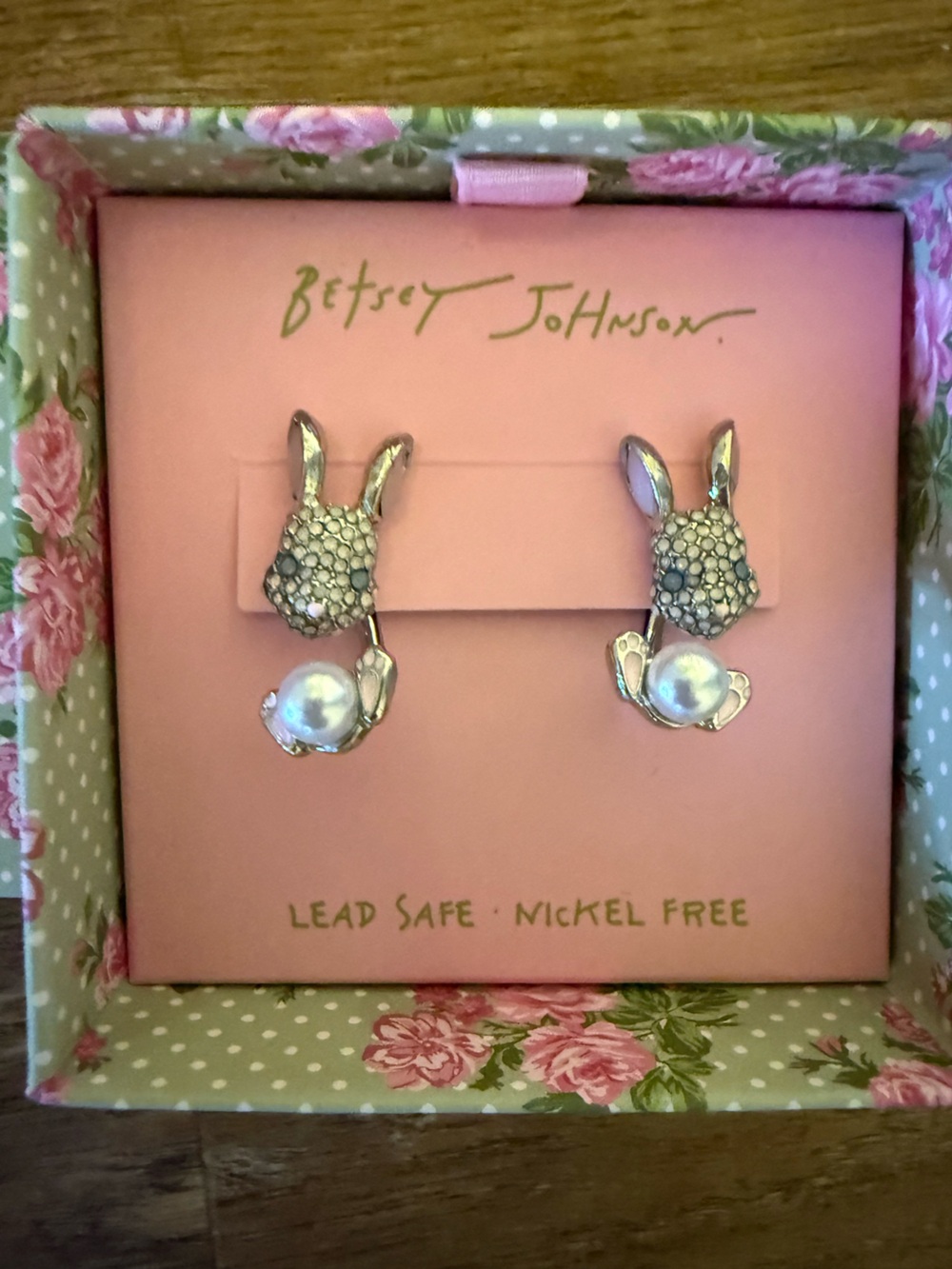 Betsey Johnson Silver Bunny Pearl Stud Earrings